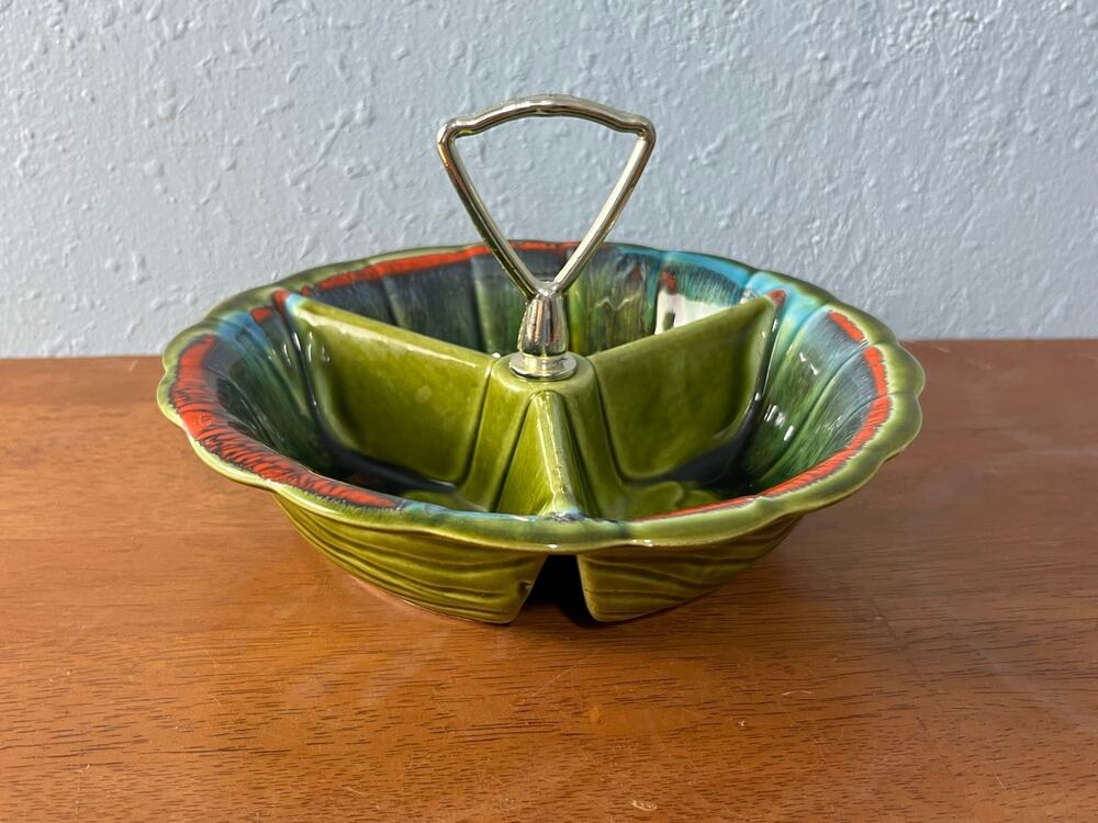 VTG California Originals Divided Relish Dish Retro Green Drip Glaze MCM USA